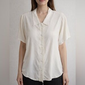 Vintage Exposé white pearl Button-Front lace heart cottage granny Blouse